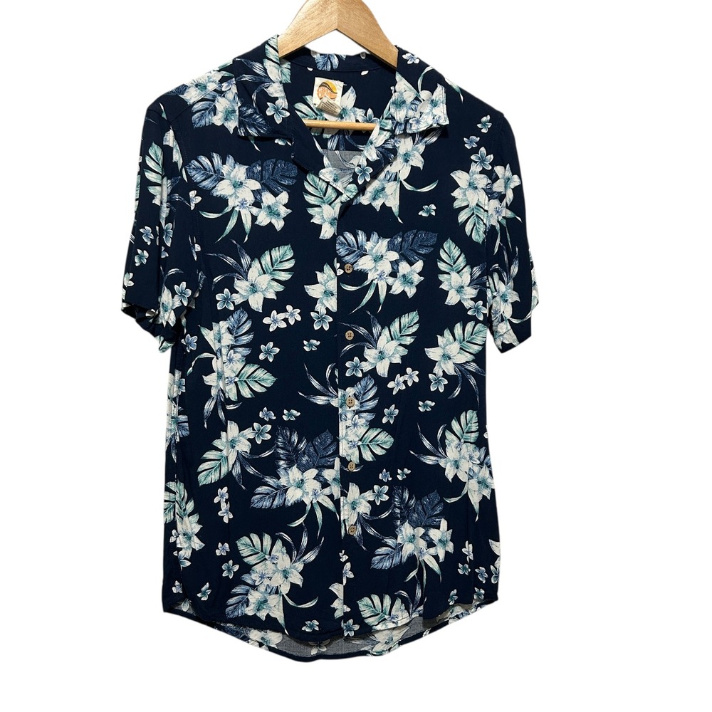 Vintage C&C California Men Shirt S Navy Blue Tropical Floral‎ Y2K Rayon Resort